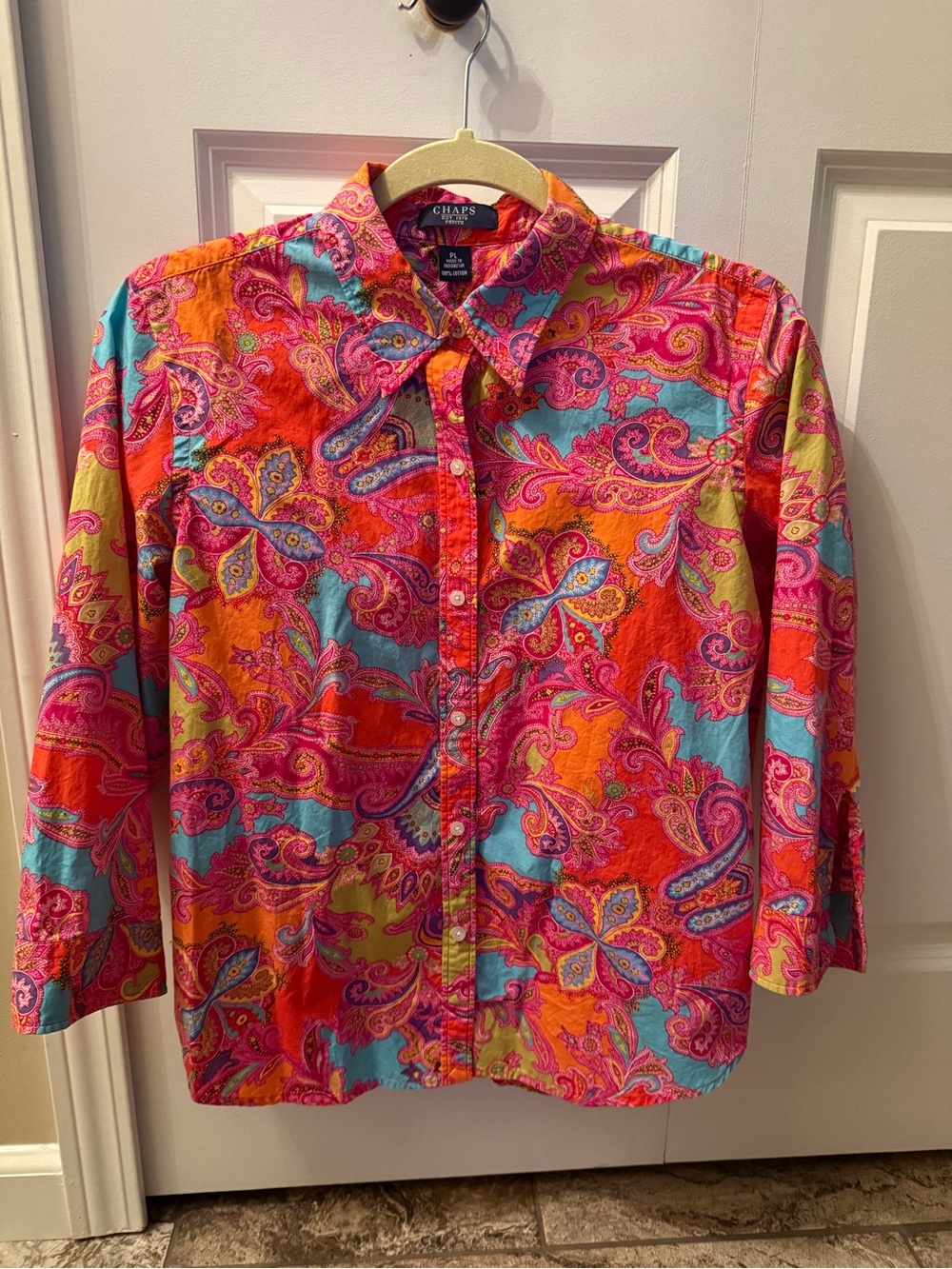 Chaps Women's Bright Paisley Button-Down Shirt in Pink, Orange & Blue